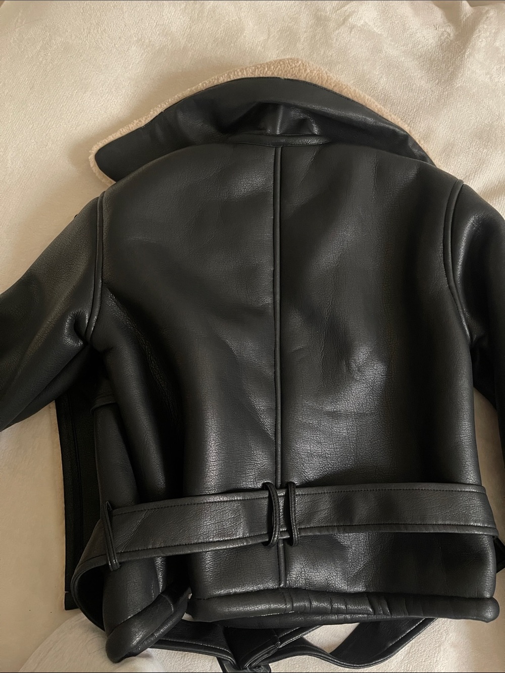 Commense Black Faux Leather Biker Jacket with Cream Shearling Collar - Picture 7 of 9